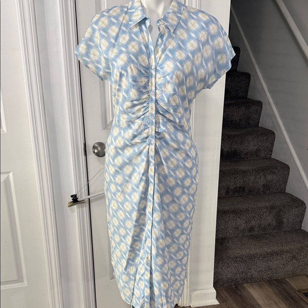 Ecru Elegant Blue and White Ruched Dress . Size 8 NWT